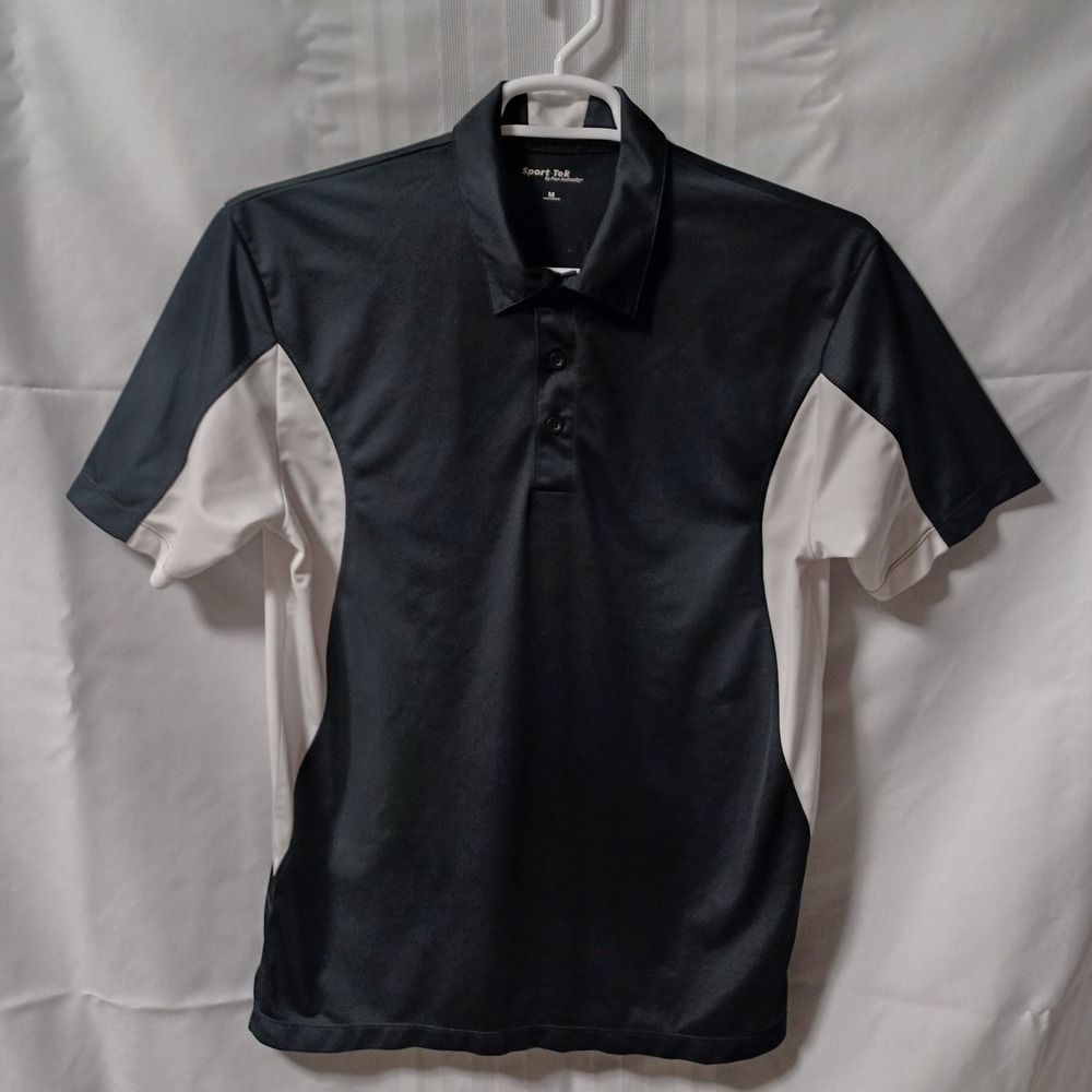 Sport-Tek Polo Shirt Mens M Black White Colorblock Performance Short Sleeve